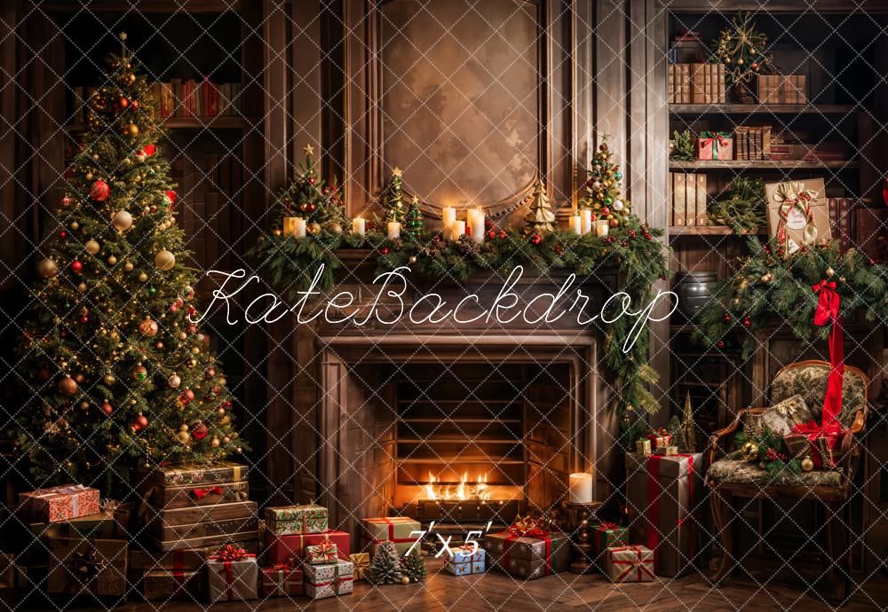 Kate Christmas Tree Gift Bookshelf Brown Fireplace Backdrop Designed by Emetselch
