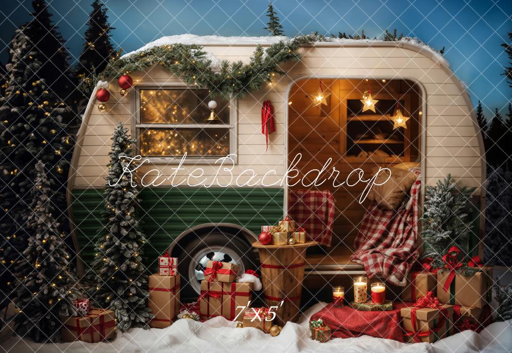 Kate Christmas Snow Night Green and White Gift Camping Car Backdrop Designed by Emetselch
