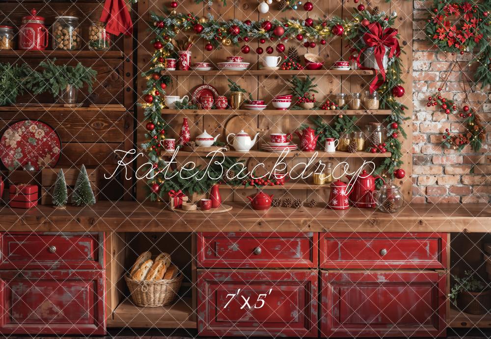 Kate Christmas Kitchen Shelf Red Cabinet Rustic Brick Wall Backdrop Designed by Emetselch