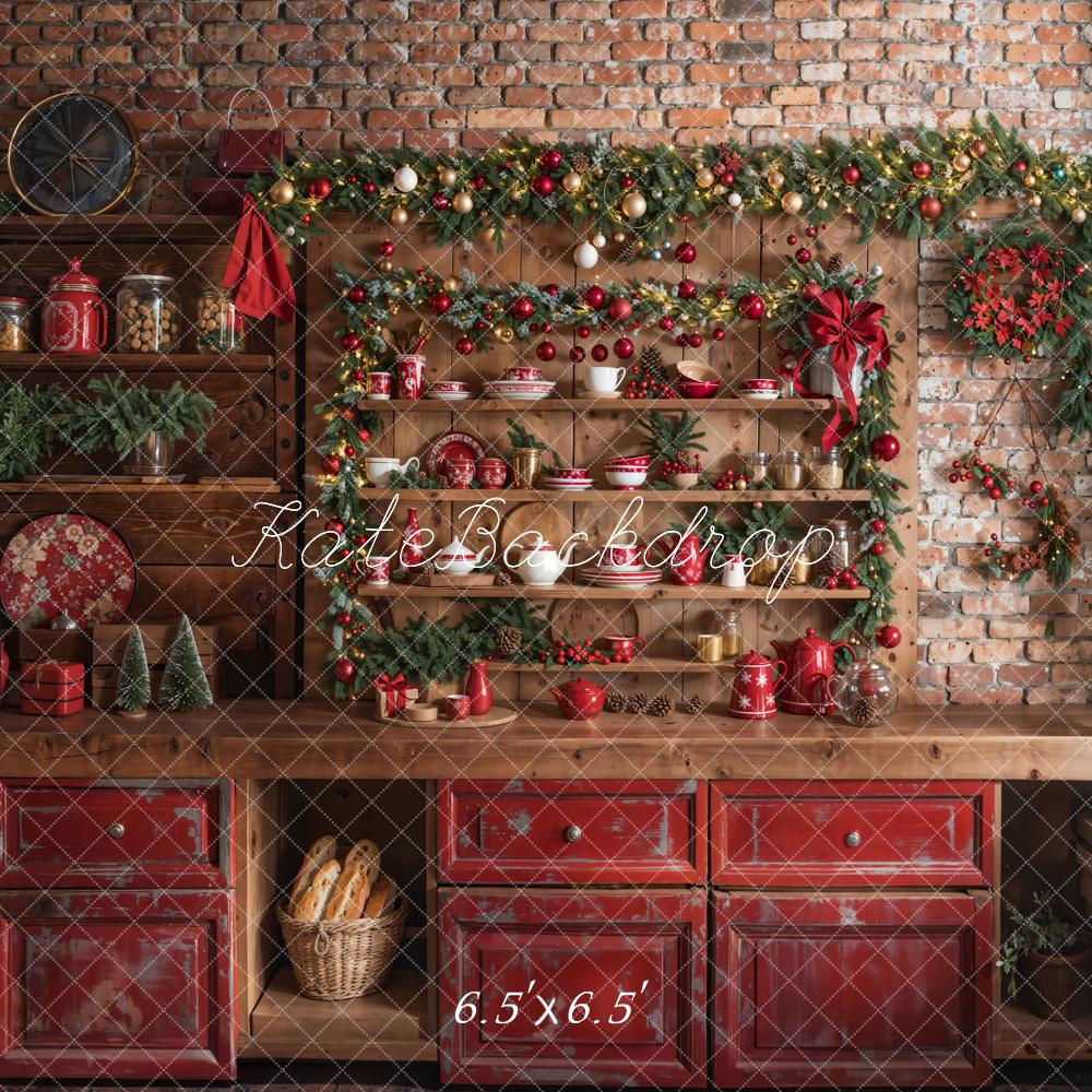 Kate Christmas Kitchen Shelf Red Cabinet Rustic Brick Wall Backdrop Designed by Emetselch