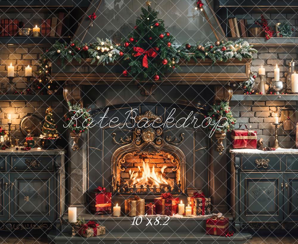 Kate Christmas Dark Green Cabinet and Fireplace Kitchen Backdrop Designed by Emetselch