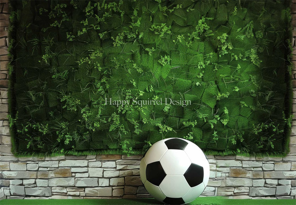 Kate Summer Football Sports Green Plant White Brick Wall Backdrop Designed by Happy Squirrel Design