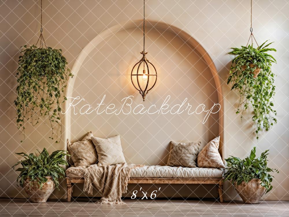 Kate Summer Indoor Green Plant Beige Pillow Arched Wall Backdrop Designed by Emetselch