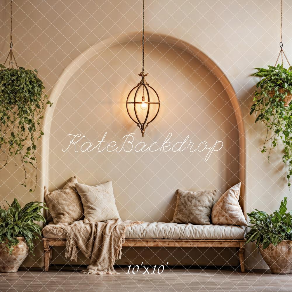 Kate Summer Indoor Green Plant Beige Pillow Arched Wall Backdrop Designed by Emetselch