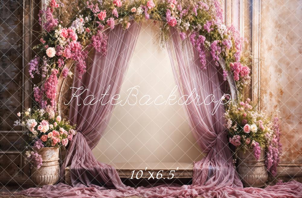 Kate Retro Fine Art Colorful Flower Purple Curtain Beige Arched Wall Backdrop Designed by Emetselch