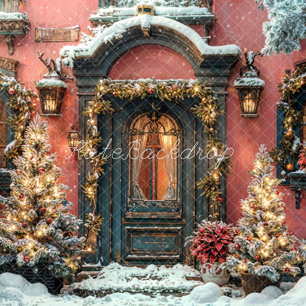Kate Winter Christmas Dark Green Arched Wooden Door Orange Wall Backdrop Designed by Chain Photography