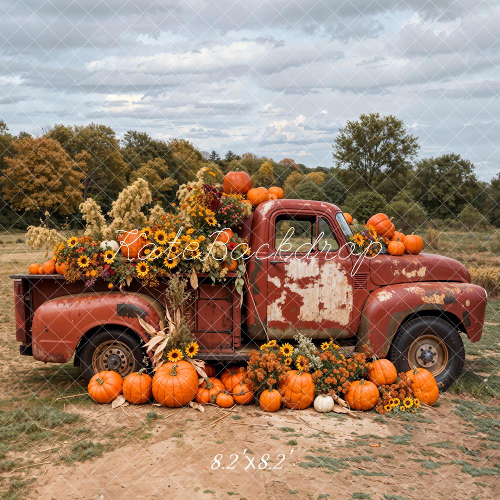 Kate Autumn Outdoor Forest Colorful Flower Pumpkin Crimson Truck Backdrop Designed by Emetselch