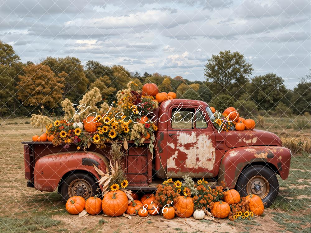Kate Autumn Outdoor Forest Colorful Flower Pumpkin Crimson Truck Backdrop Designed by Emetselch