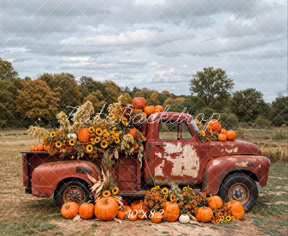 Kate Autumn Outdoor Forest Colorful Flower Pumpkin Crimson Truck Backdrop Designed by Emetselch