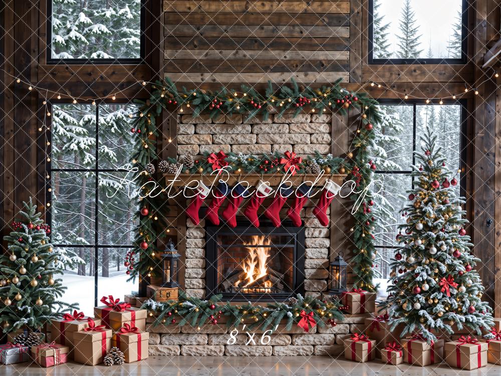Kate Winter Christmas White Brick Fireplace Dark Brown Framed Window Backdrop Designed by Emetselch