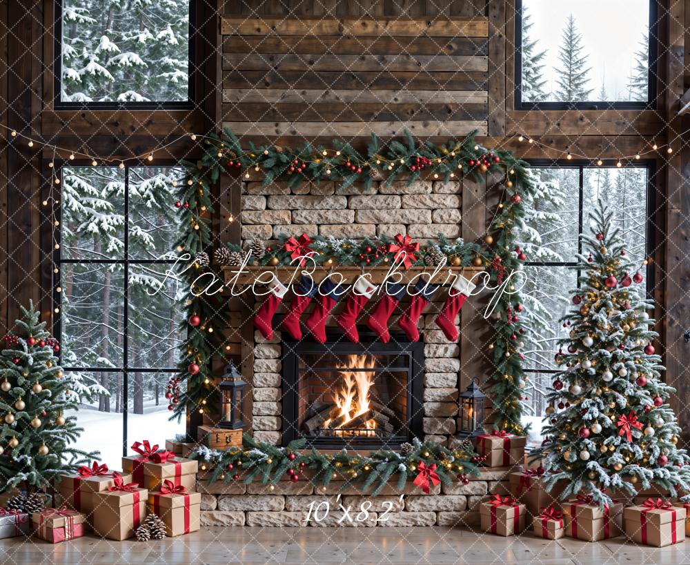 Kate Winter Christmas White Brick Fireplace Dark Brown Framed Window Backdrop Designed by Emetselch