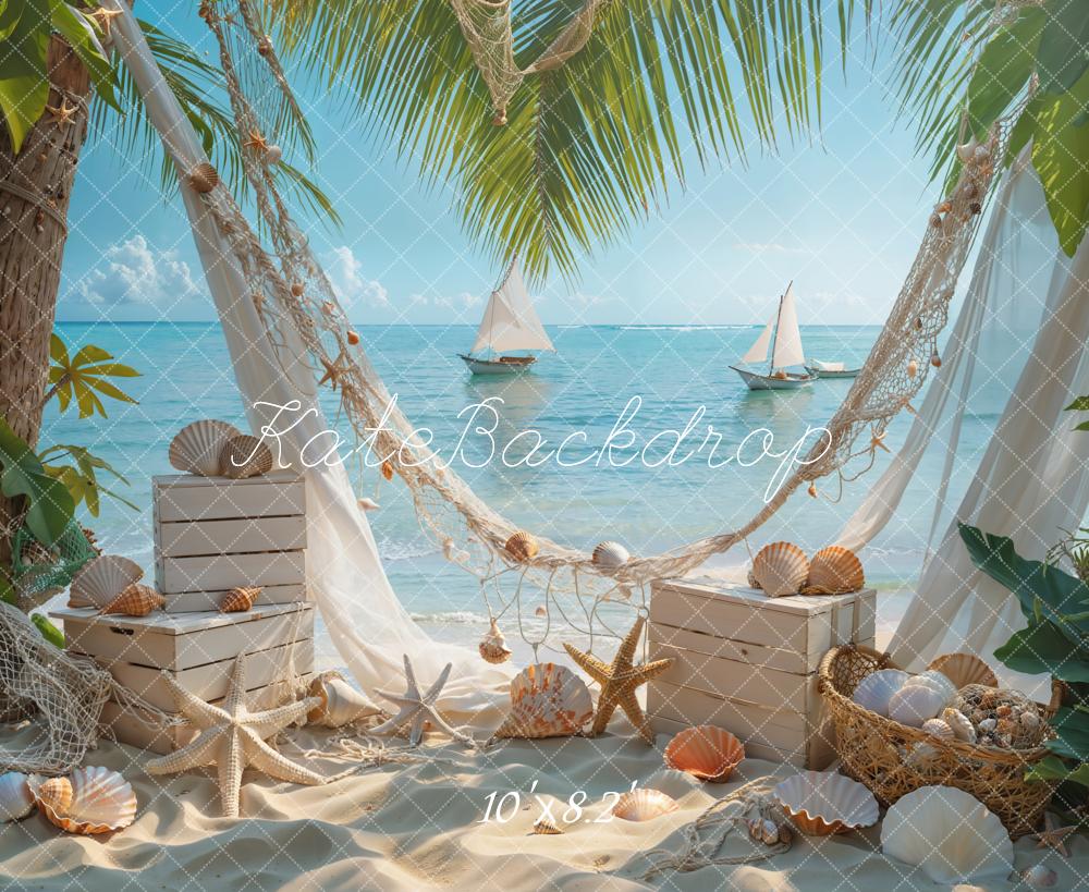 Zomerzeezeilboot wit strand zeester schelpachtergrond ontworpen door Emetselch