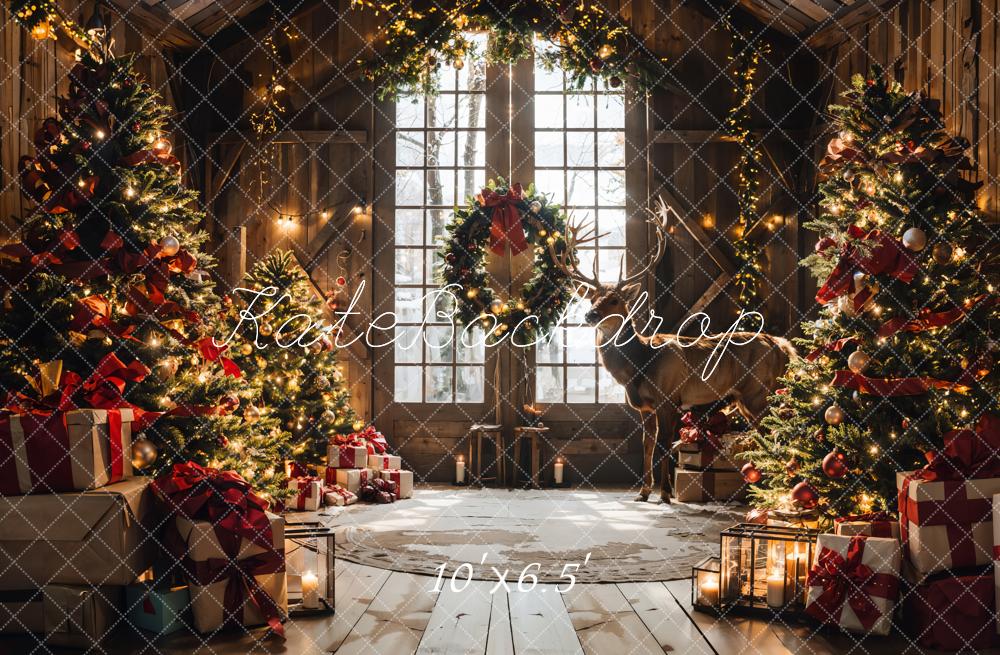 Kerstbruine schuur met omlijst raam en elandenachtergrond ontworpen door Emetselch