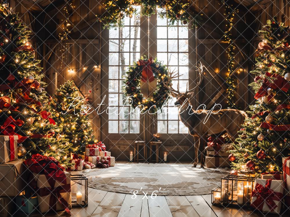 Kerstbruine schuur met omlijst raam en elandenachtergrond ontworpen door Emetselch