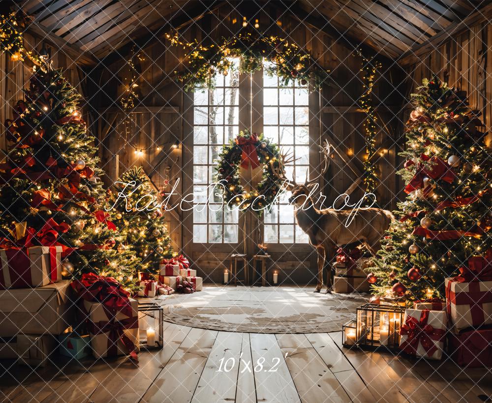 Kerstbruine schuur met omlijst raam en elandenachtergrond ontworpen door Emetselch