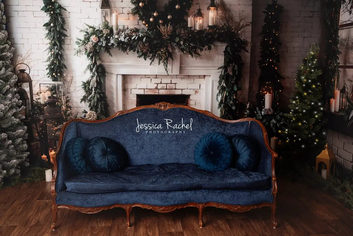 Kate Winter Christmas Indoor White Brick Fireplace Backdrop+Brown Old Wooden Floor Backdrop