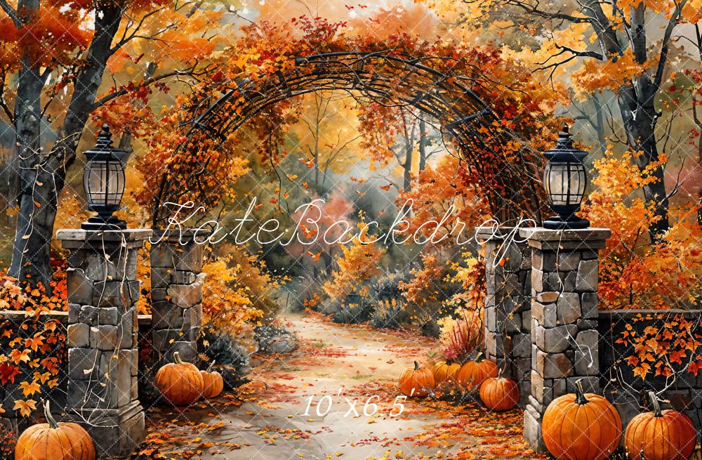 Kate Autumn Pumpkin Forest Retro Red Maple Leaves Arch Gate Backdrop Designed by GQ