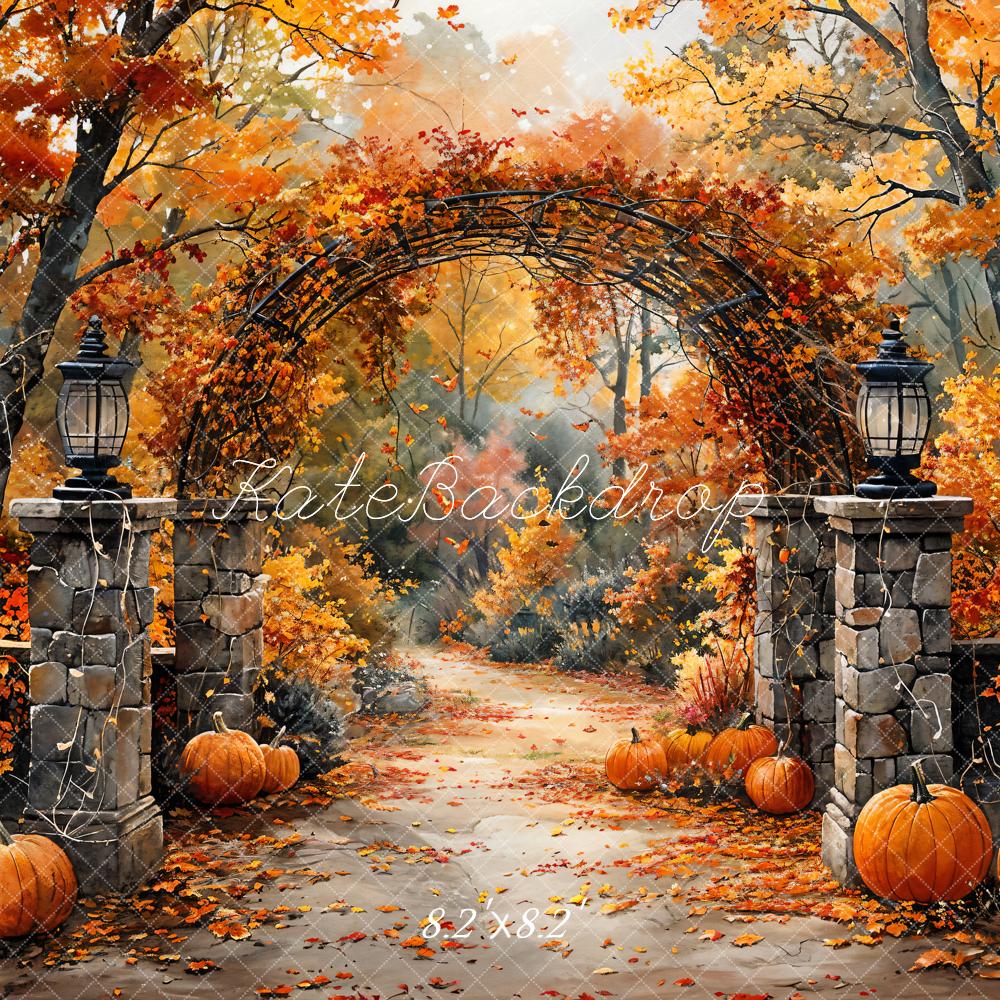 Kate Autumn Pumpkin Forest Retro Red Maple Leaves Arch Gate Backdrop Designed by GQ