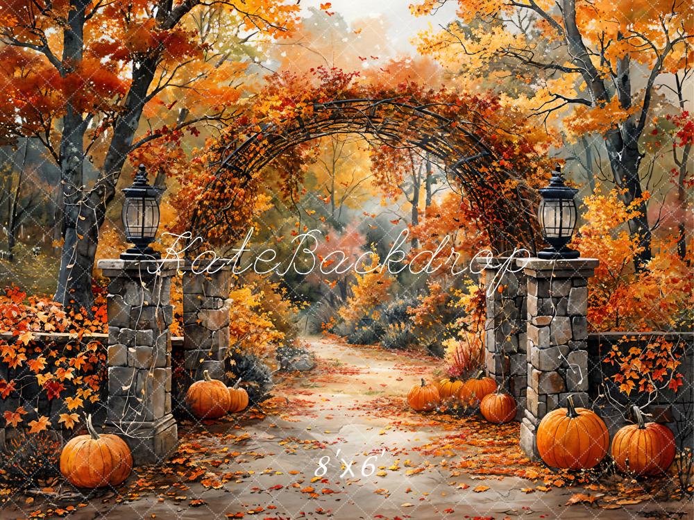 Kate Autumn Pumpkin Forest Retro Red Maple Leaves Arch Gate Backdrop Designed by GQ