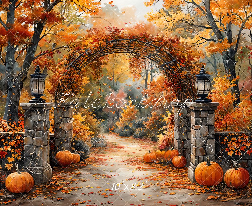 Kate Autumn Pumpkin Forest Retro Red Maple Leaves Arch Gate Backdrop Designed by GQ
