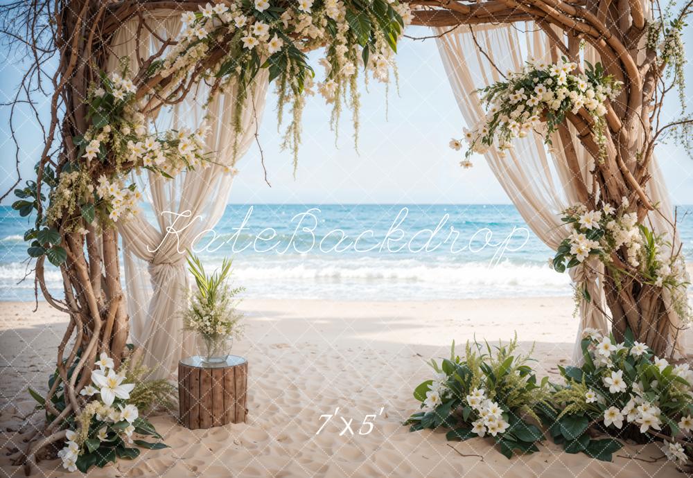 Kate Summer Sea Beach White Flower Wedding Framed Wooden Door Backdrop Designed by Emetselch