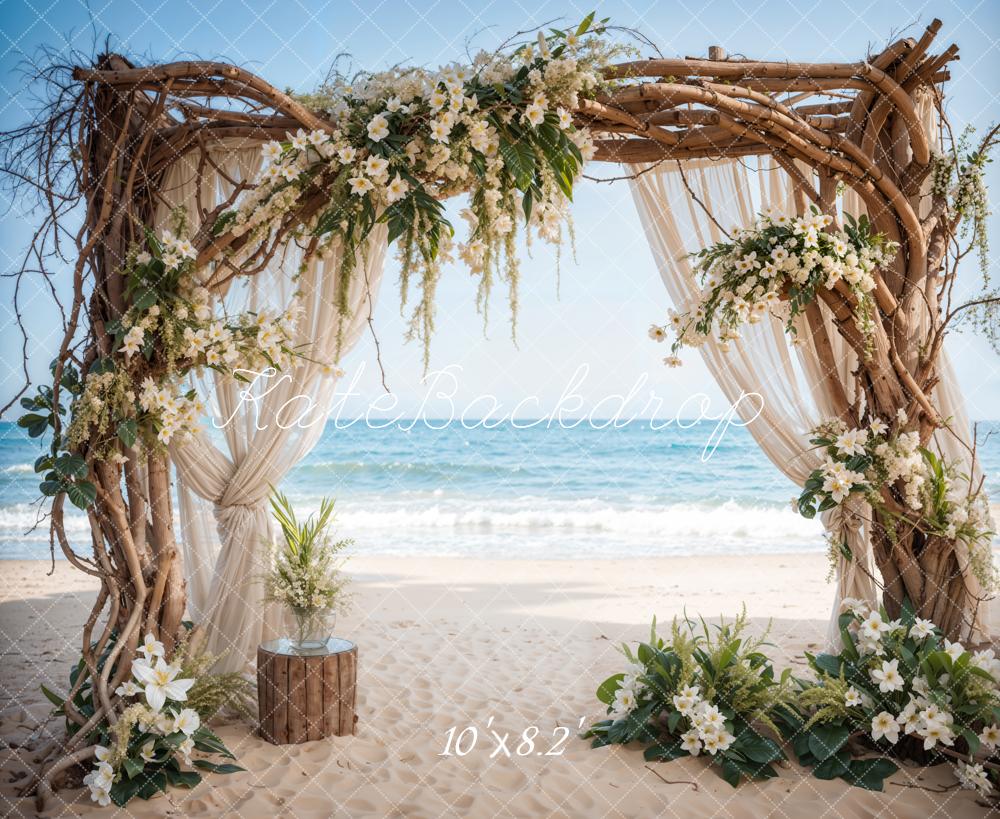 Kate Summer Sea Beach White Flower Wedding Framed Wooden Door Backdrop Designed by Emetselch