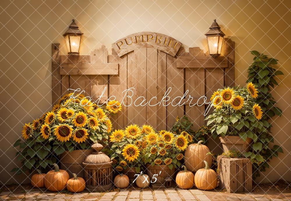 Kate Autumn Indoor Sunflower Pumpkin Wooden Barn Door Backdrop Designed by Emetselch