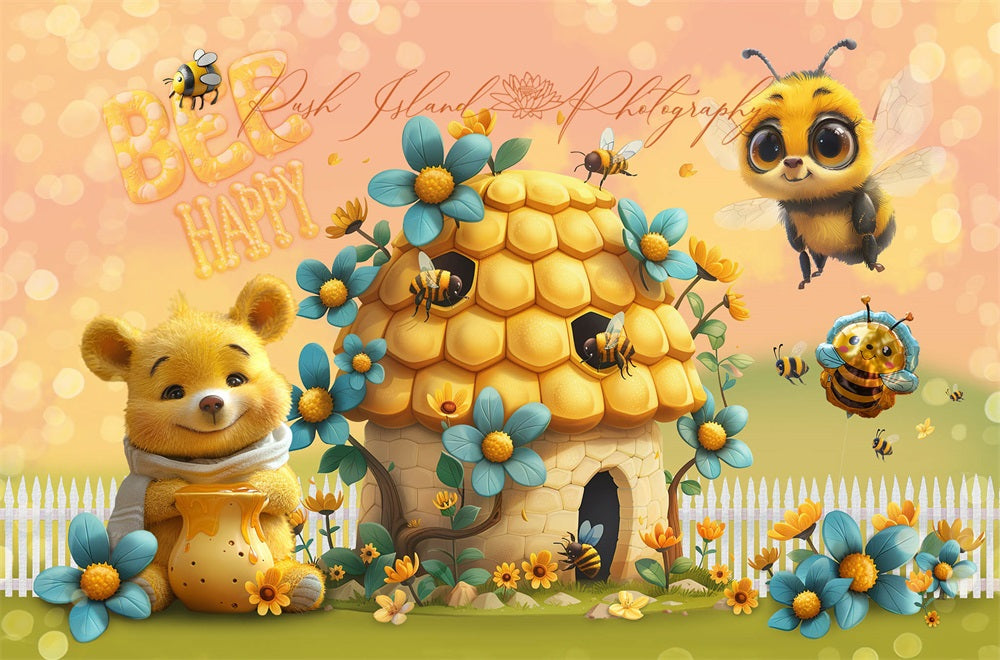 Kate Fine Art Flower Cartoon Bee Happy Bear Yellow Cabin Backdrop Designed by Laura Bybee