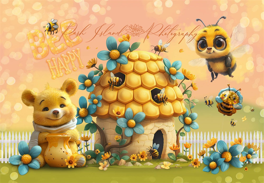 Kate Fine Art Flower Cartoon Bee Happy Bear Yellow Cabin Backdrop Designed by Laura Bybee