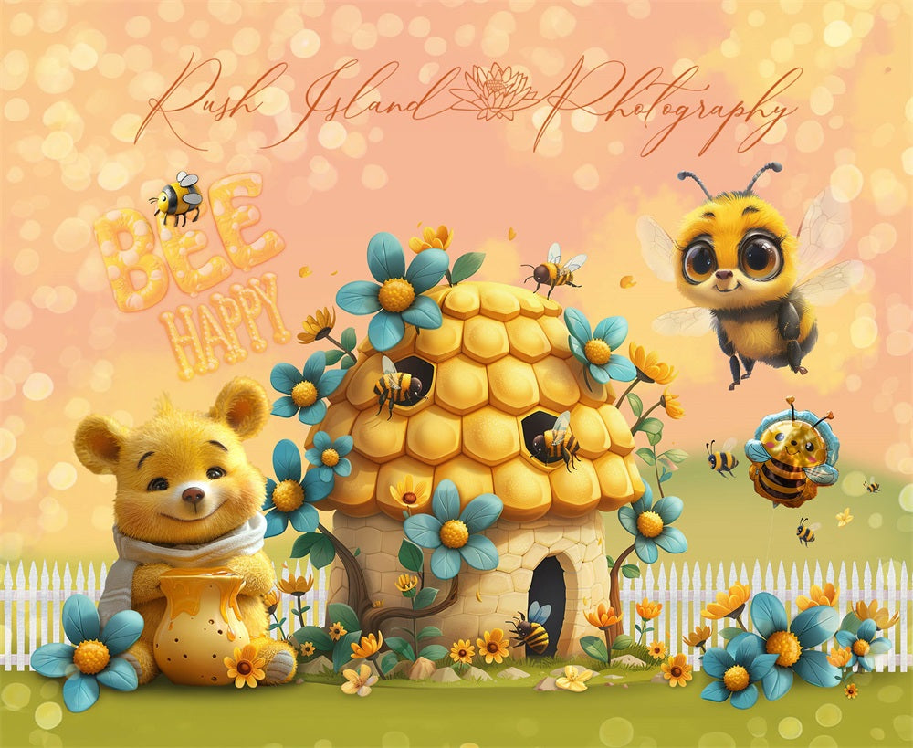 Kate Fine Art Flower Cartoon Bee Happy Bear Yellow Cabin Backdrop Designed by Laura Bybee