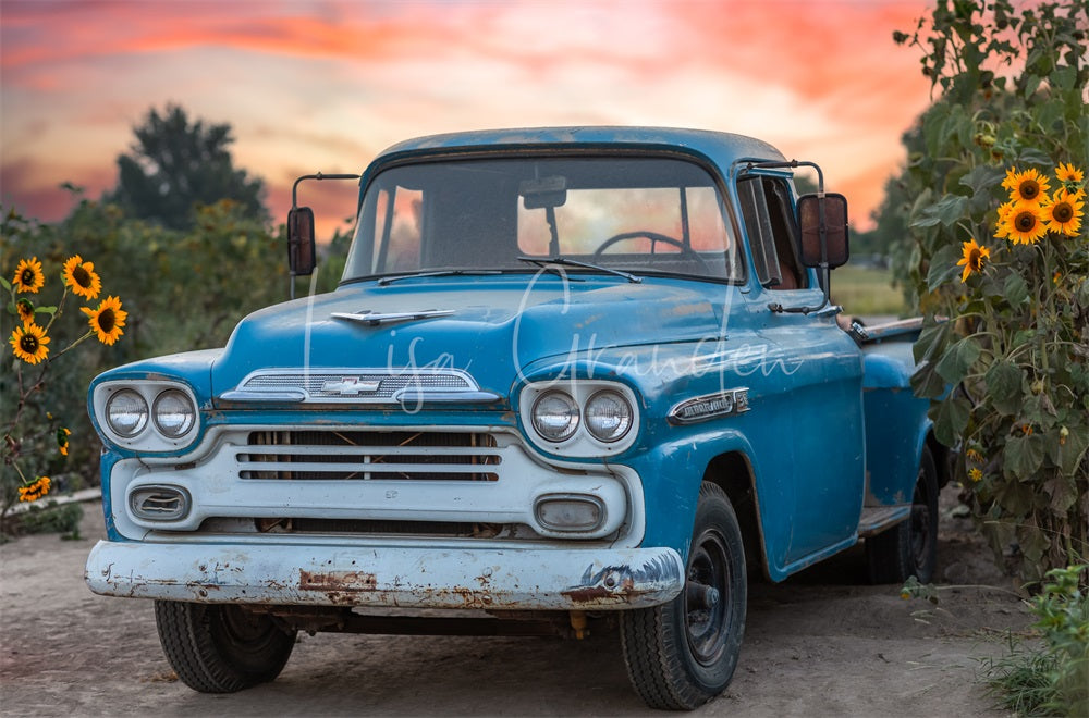 Kate Summer Sunset Outdoor Farm Yellow Sunflower Blue Truck Backdrop for Photography Designed by Lisa Granden