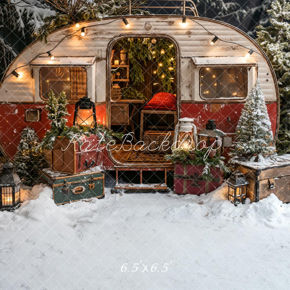 Kerstnacht koffer rood en wit kampeerautoachtergrond ontworpen door Emetselch