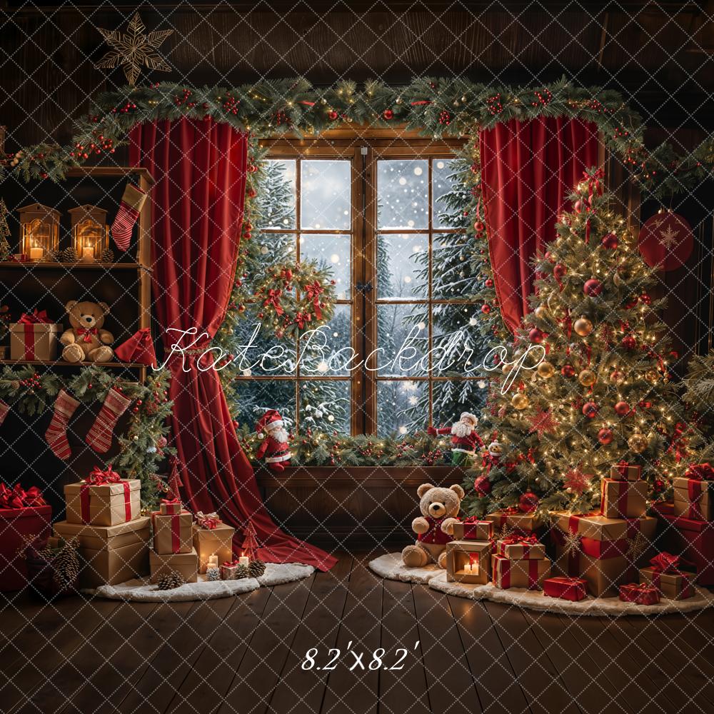 Kate Pet Winter Christmas Teddy Bear Red Curtain Framed Window Backdrop Designed by Emetselch