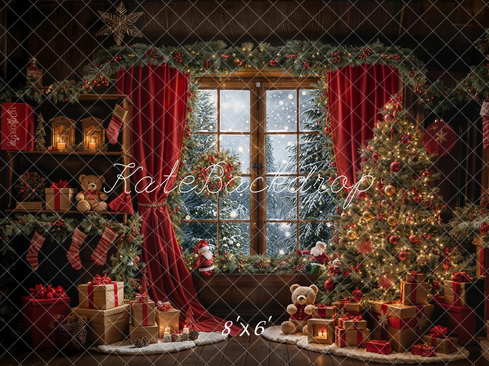 Kate Pet Winter Christmas Teddy Bear Red Curtain Framed Window Backdrop Designed by Emetselch