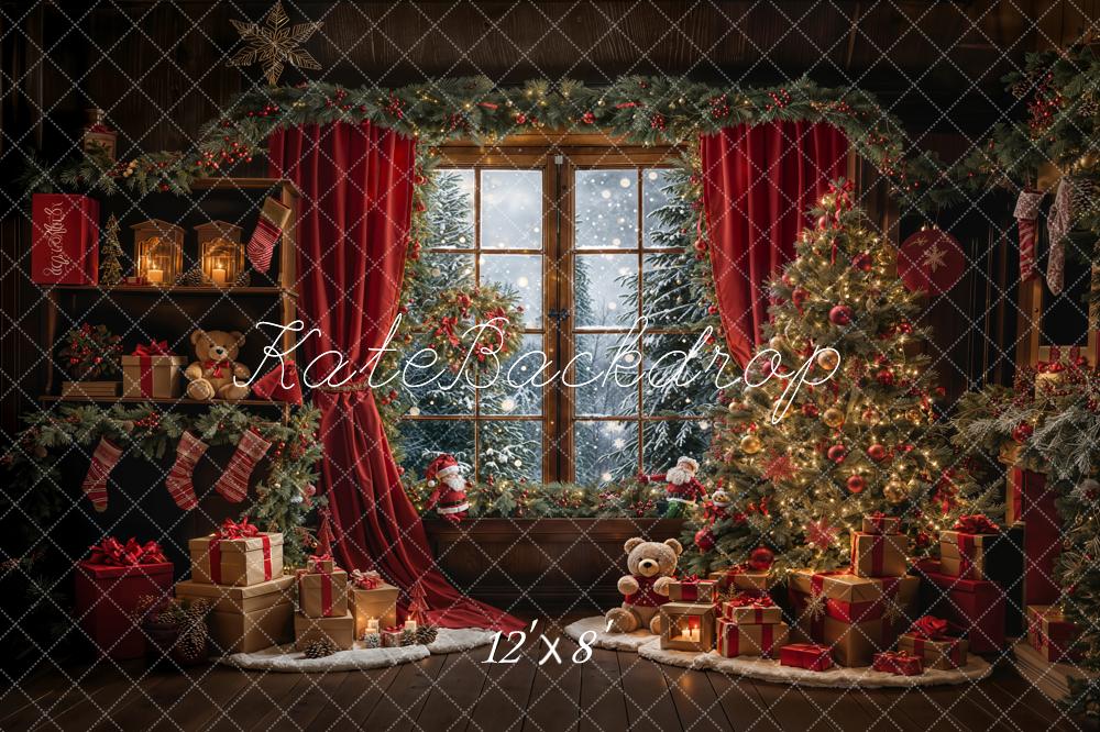 Kate Pet Winter Christmas Teddy Bear Red Curtain Framed Window Backdrop Designed by Emetselch