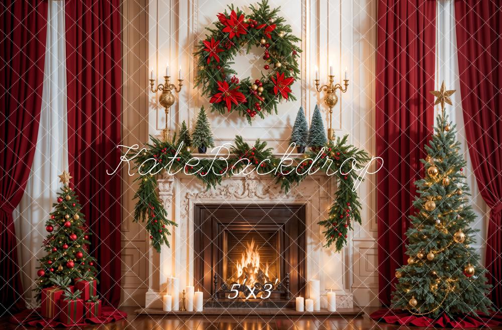 Kate Christmas Retro Red Curtain White Fireplace Backdrop Designed by Emetselch