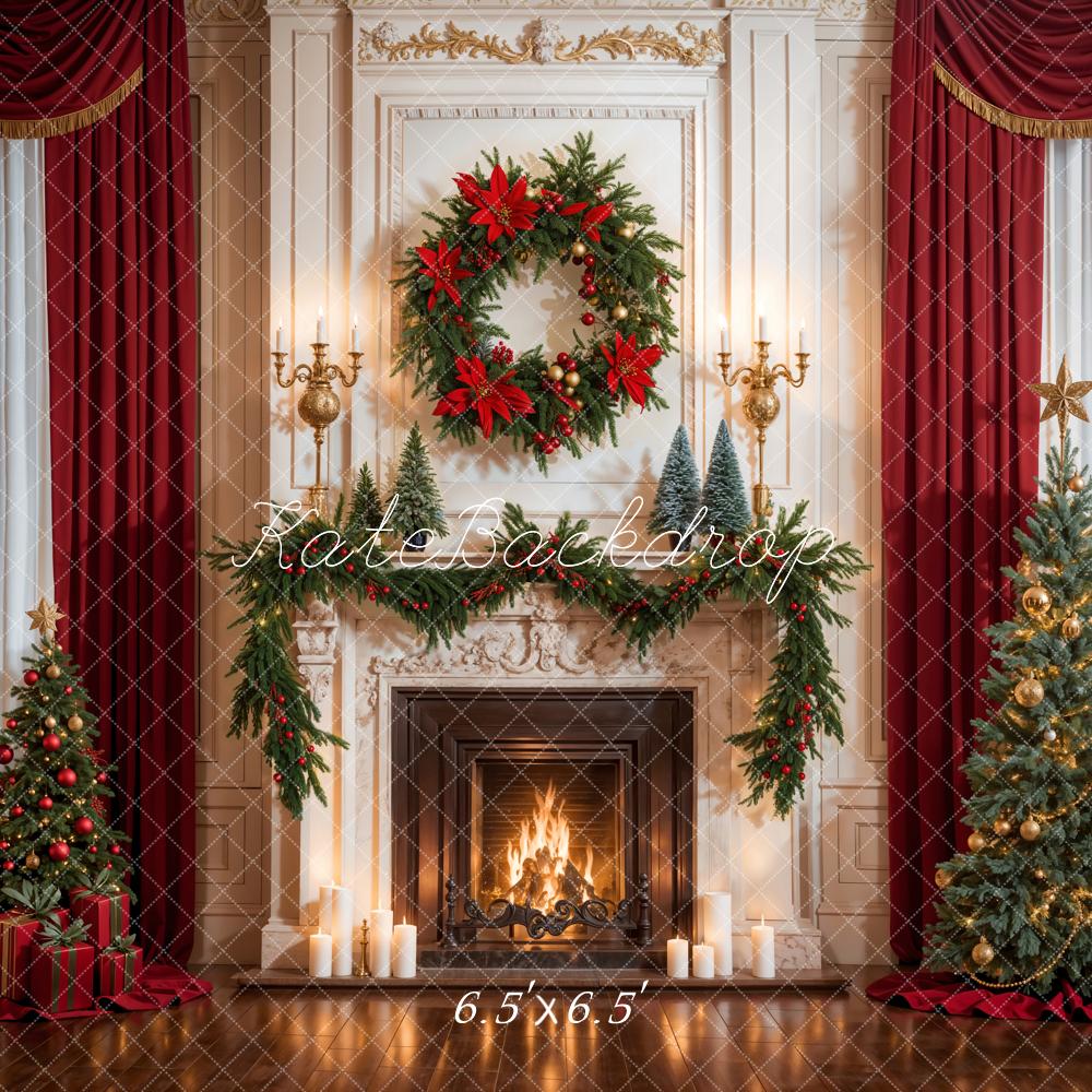 Kate Christmas Retro Red Curtain White Fireplace Backdrop Designed by Emetselch