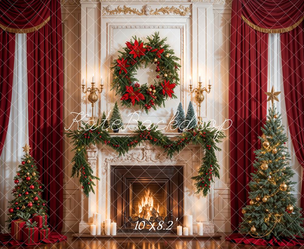 Kate Christmas Retro Red Curtain White Fireplace Backdrop Designed by Emetselch