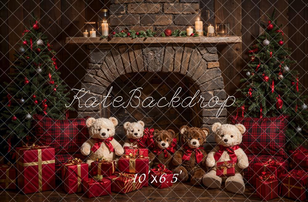 Kate Christmas Teddy Bear Dark Brown Arch Fireplace Backdrop Designed by Emetselch