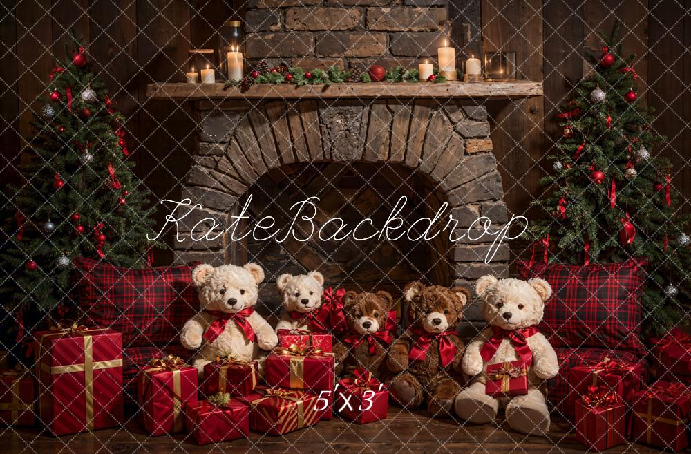 Kate Christmas Teddy Bear Dark Brown Arch Fireplace Backdrop Designed by Emetselch