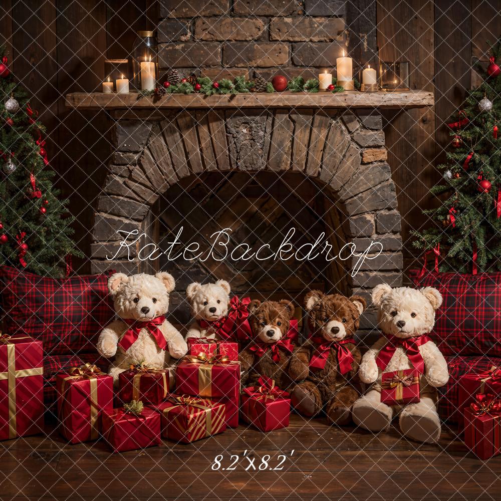 Kate Christmas Teddy Bear Dark Brown Arch Fireplace Backdrop Designed by Emetselch