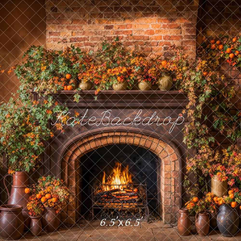 Kate Autumn Green Plant Dark Brown Arched Fireplace Broken Brick Wall Backdrop Designed by Emetselch