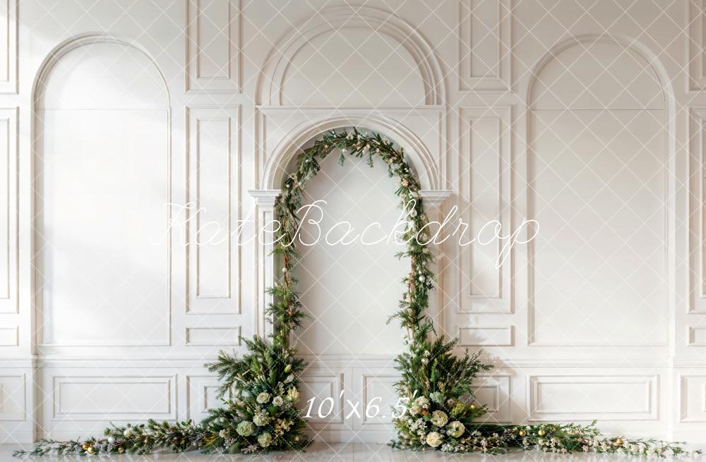 Kate Christmas Green Pine Leaf Arch White Retro Wall Printed Backdrop Designed by Emetselch