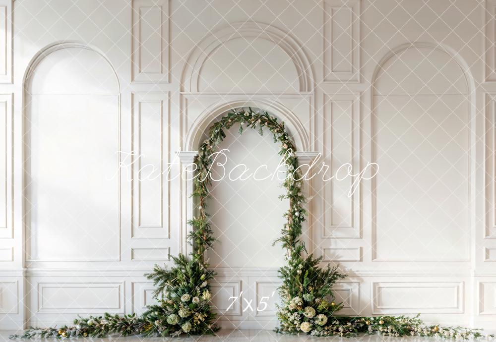 Kate Christmas Green Pine Leaf Arch White Retro Wall Printed Backdrop Designed by Emetselch