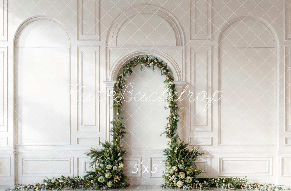 Kate Christmas Green Pine Leaf Arch White Retro Wall Printed Backdrop Designed by Emetselch