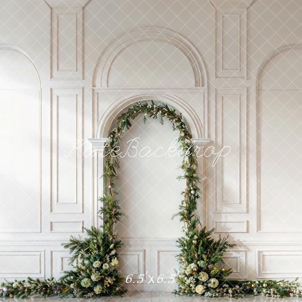 Kate Christmas Green Pine Leaf Arch White Retro Wall Printed Backdrop Designed by Emetselch