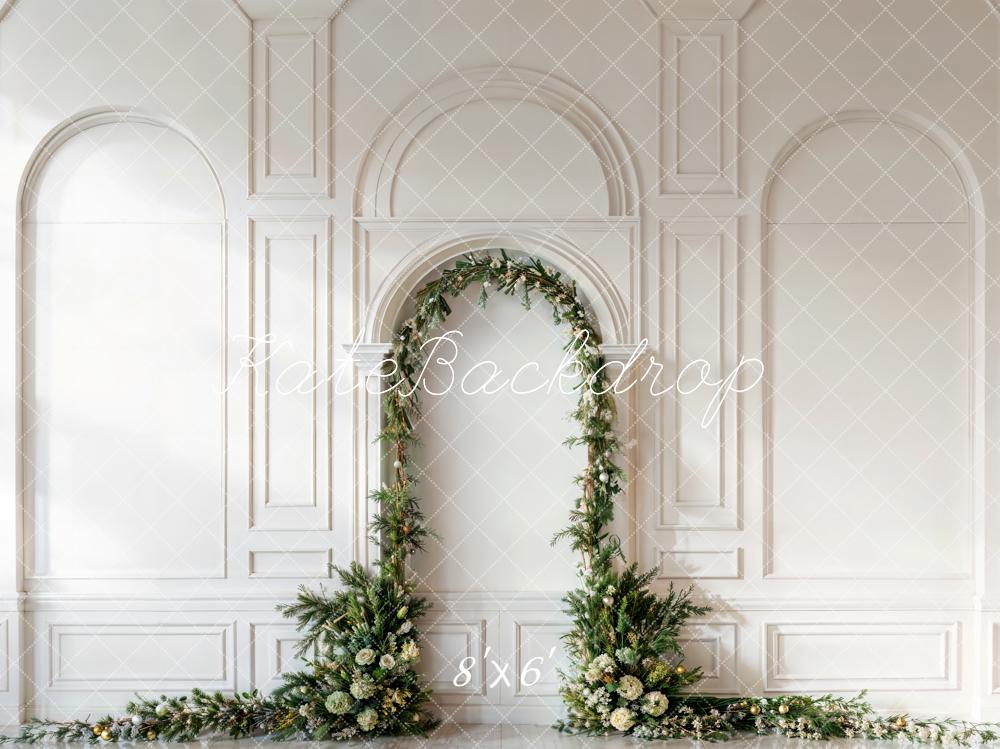 Kate Christmas Green Pine Leaf Arch White Retro Wall Printed Backdrop Designed by Emetselch