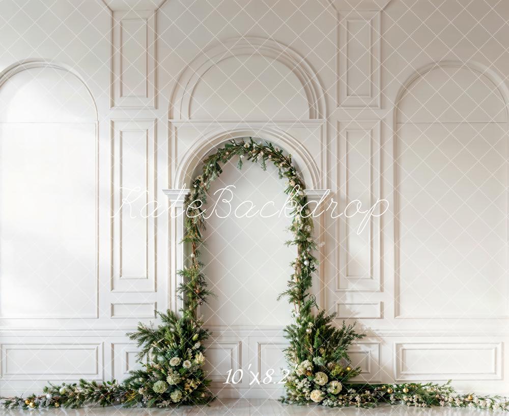 Kate Christmas Green Pine Leaf Arch White Retro Wall Printed Backdrop Designed by Emetselch