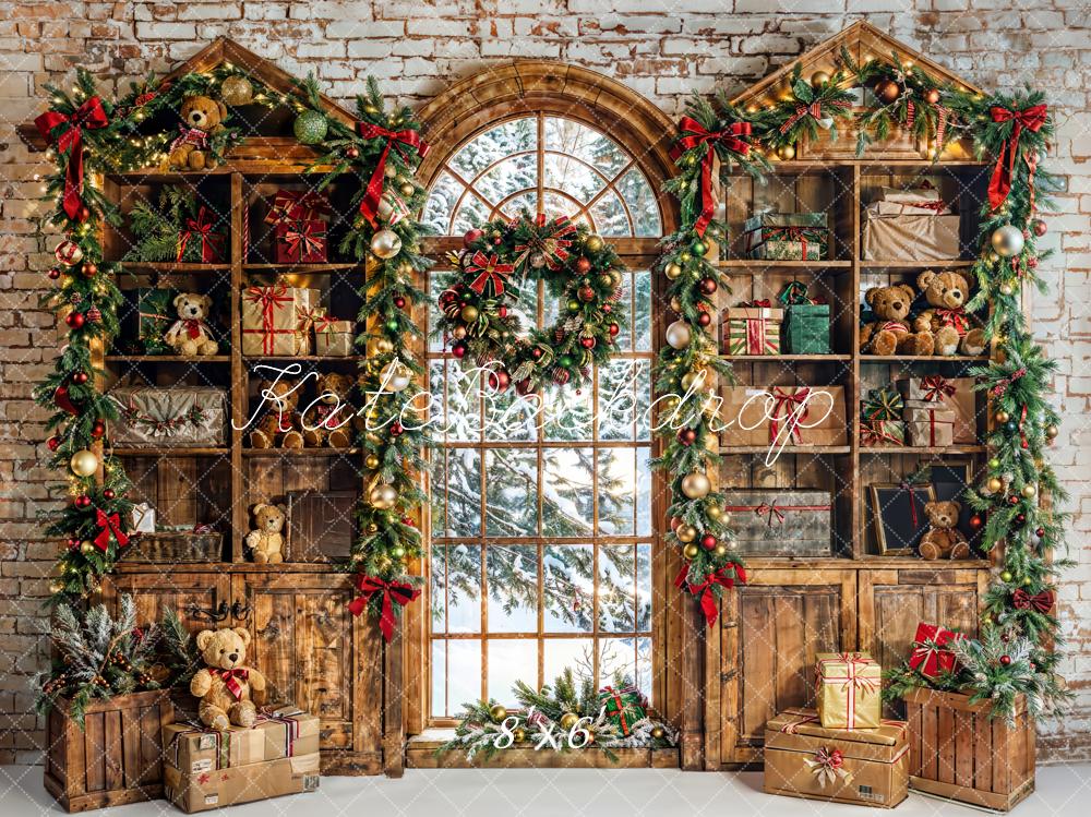 Oso de Peluche de Navidad de Invierno Arched Window Gift Store Backdrop Diseñado por Emetselch