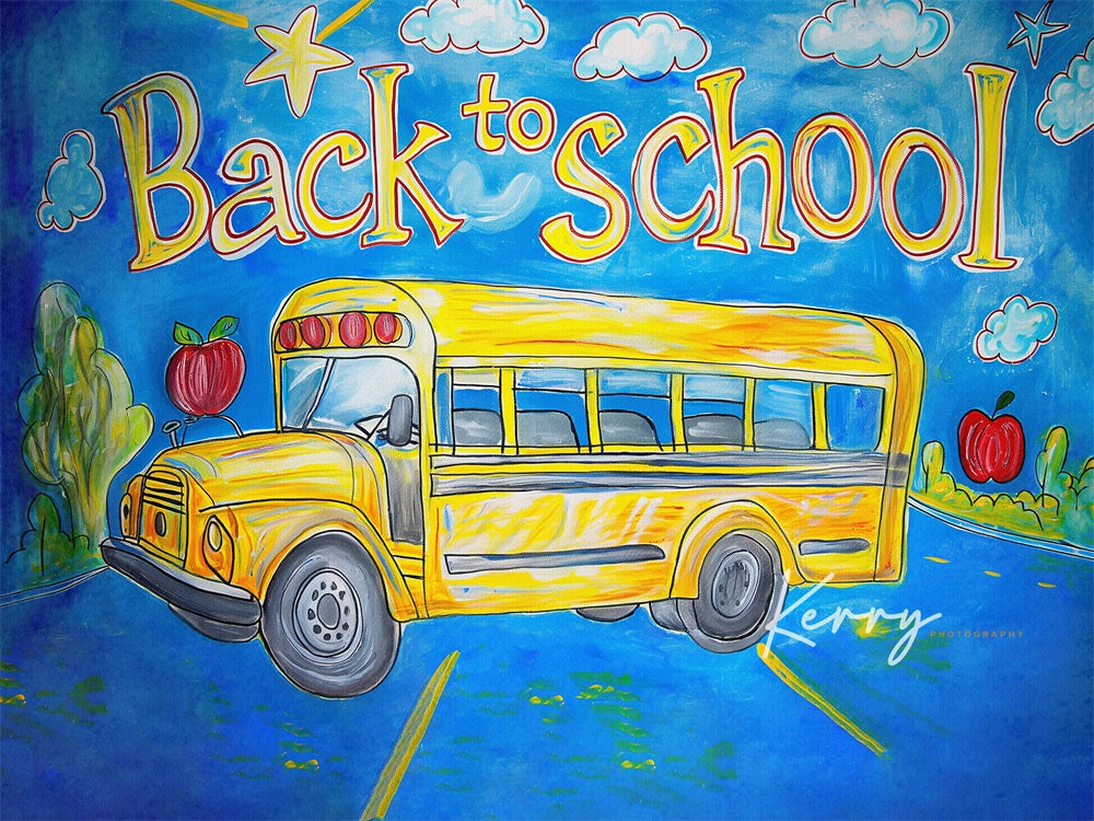 Kate Back to School Cartoon Watercolor Yellow School Bus Backdrop for Photography Designed by Kerry Anderson